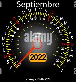 2022 Jahre Kalender Tachometer Auto in Spanisch September. Stock Vektor