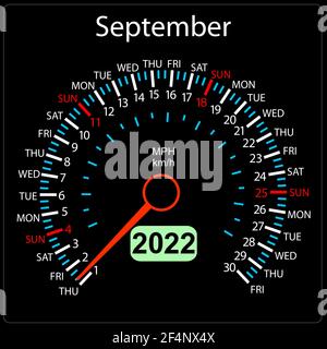 Die 2022 Jahre Kalender Tachometer ein Auto September. Stock Vektor