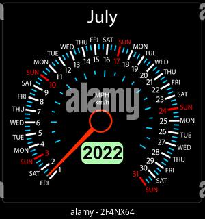 Die 2022 Jahre Kalender Tachometer ein Auto Juli. Stock Vektor