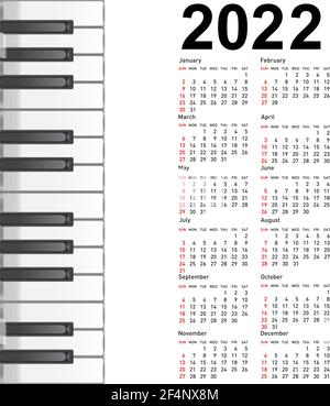 Neuer Kalender 2022 mit einem musikalischen Hintergrund Klaviertasten. Stock Vektor