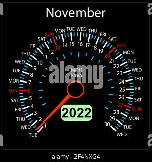 Die 2022 Jahre Kalender Tachometer ein Auto November. Stock Vektor