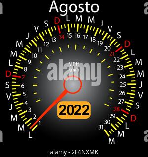 2022 Jahre Kalender Tachometer Auto in Spanisch August. Stock Vektor