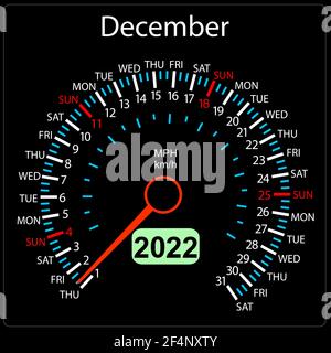 Die 2022 Jahre Kalender Tachometer ein Auto Dezember. Stock Vektor