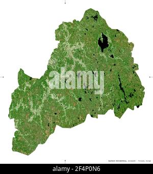 Südliches Ostrobothnien, Region von Finnland. Sentinel-2 Satellitenbilder. Form isoliert auf weiß. Beschreibung, Lage der Hauptstadt. Enthält Modifi Stockfoto