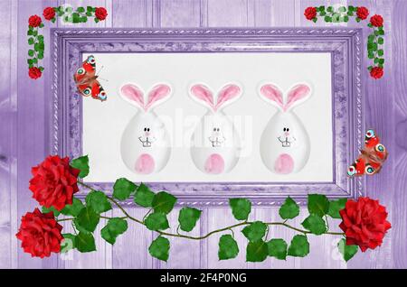 Spielzeug Osterhasen in einem Rahmen, Blumen und Schmetterlinge auf einem lila Hintergrund. Das Konzept von Ostern