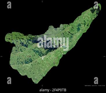 Südkarelien, Region von Finnland. Sentinel-2 Satellitenbilder. Form isoliert auf schwarz. Beschreibung, Lage der Hauptstadt. Enthält modifizierten Kopierer Stockfoto
