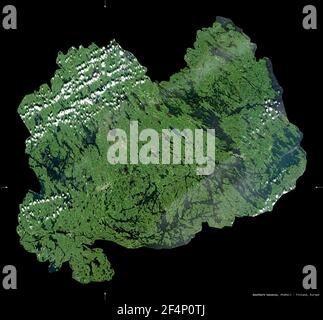 Südsavonien, Region von Finnland. Sentinel-2 Satellitenbilder. Form isoliert auf schwarz. Beschreibung, Lage der Hauptstadt. Enthält modifizierte Co Stockfoto