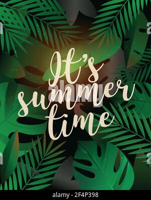 Party Poster mit Palmblatt und Schriftzug - sein Sommer Zeit - Bestandsvektor Stock Vektor