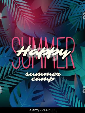 Happy Summer Time und Camp Poster. Wanderschablone Poster, Vektorgrafik. Stock Vektor