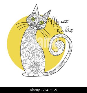 Nette Katze mit Doodle abstrakte Blumen und Blätter, Zitat - meine Katze die beste. Vektorgrafik handgezeichnete Umrissdarstellung. Stock Vektor