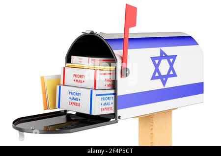 Briefkasten mit israelischer Flagge mit Paketen, Umschläge innen. Versand in Israel, Konzept. 3D Rendering isoliert auf weißem Hintergrund Stockfoto