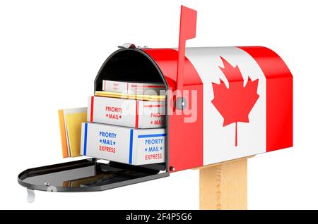 Briefkasten mit kanadischer Flagge mit Päckchen, Umschläge innen. Versand in Kanada, Konzept. 3D Rendering isoliert auf weißem Hintergrund Stockfoto