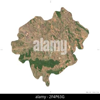 Orhei, Bezirk Moldawien. Sentinel-2 Satellitenbilder. Form isoliert auf weiß. Beschreibung, Lage der Hauptstadt. Enthält modifizierten Copernicus Stockfoto
