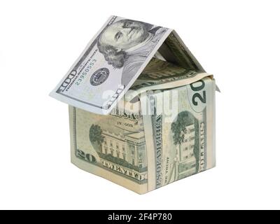 Stückelungen von USA-Dollar-Rechnungen sind angeordnet, um ein kleines Haus zu repräsentieren, zeigt Konzepte wie Hausbesitz, Arbeit und persönliche Finanzen. Stockfoto