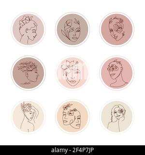 Abstract Social Media Highlight Geschichten Cover-Set. Zeitgenössische kontinuierliche eine Linie lineare Frau Gesichter, Blumen und Blätter Vektor. Stock Vektor