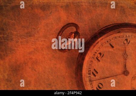 Antike Taschenuhr auf brauner Lederstruktur Stockfoto