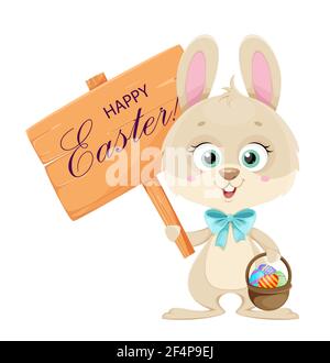 Frohe Ostern. Niedliches kleines Häschen mit Holzschild mit Grüßen und einem Korb mit Eiern. Cartoon-Figur Kaninchen. Vektorgrafik für Aktien. Stock Vektor