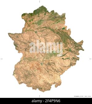 Extremadura, autonome Gemeinschaft Spaniens. Sentinel-2 Satellitenbilder. Form isoliert auf weiß. Beschreibung, Lage der Hauptstadt. Enthält Modi Stockfoto