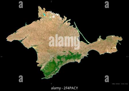 Krim, autonome republik Ukraine. Sentinel-2 Satellitenbilder. Form isoliert auf schwarz. Beschreibung, Lage der Hauptstadt. Enthält geändert Stockfoto