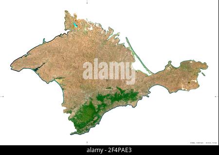 Krim, autonome republik Ukraine. Sentinel-2 Satellitenbilder. Form isoliert auf weiß. Beschreibung, Lage der Hauptstadt. Enthält geändert Stockfoto