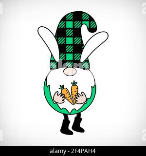 Buffalo Plaid Gnome auf weißem Hintergrund. Skandinavischer Nordischer Gnome mit Büffelkarierte Mütze. Niedliche Zwerge im karierten Texturkostüm. Witziger Vektor Stock Vektor