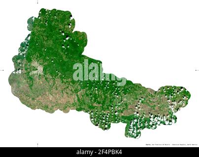 Duarte, Provinz Dominikanische Republik. Sentinel-2 Satellitenbilder. Form isoliert auf weiß. Beschreibung, Lage der Hauptstadt. Enthält geändert Stockfoto