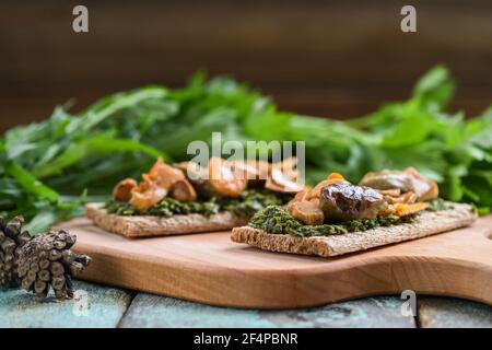 Veganer Snack. Roggencracker mit Steinpilzen aus Holz und Pfifferlinge mit grüner Sauce, die mit Pinienzapfen verziert sind Stockfoto