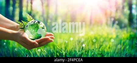 Umweltkonzept - Hände Halten Globenglas In Green Meadow Mit Sonnenlicht Stockfoto