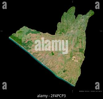 Retalhuleu, Abteilung von Guatemala. Sentinel-2 Satellitenbilder. Form isoliert auf schwarz. Beschreibung, Lage der Hauptstadt. Enthält modifizierte Co Stockfoto
