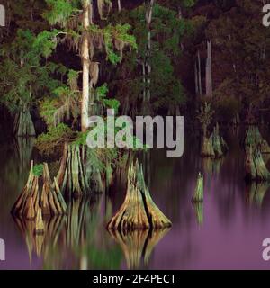 Bunte Nachtlandschaften von Florida Sumpfbäumen Stockfoto