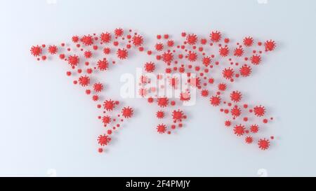 Weltkarte Coronavirus Ausbruch. COVID-19 Viruspartikel auf weißem Hintergrund. Pandemie 3D – Illustration Stockfoto