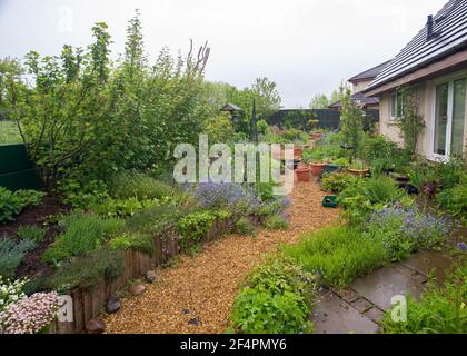 Eine hübsche und farbenfrohe Nahaufnahme eines privaten britischen Cottage-Stil Sommergarten Grenze in voller Blüte mit Blumen auf den Weg überfließen. Stockfoto