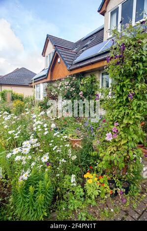 Eine hübsche und farbenfrohe Nahaufnahme eines privaten britischen Cottage-Stil Sommergarten Grenze in voller Blüte mit Blumen auf den Weg überfließen. Stockfoto