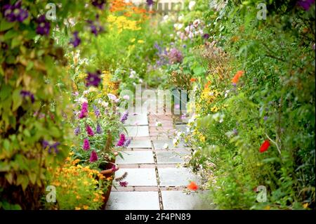 Eine hübsche und farbenfrohe Nahaufnahme eines privaten britischen Cottage-Stil Sommergarten Grenze in voller Blüte mit Blumen auf den Weg überfließen. Stockfoto