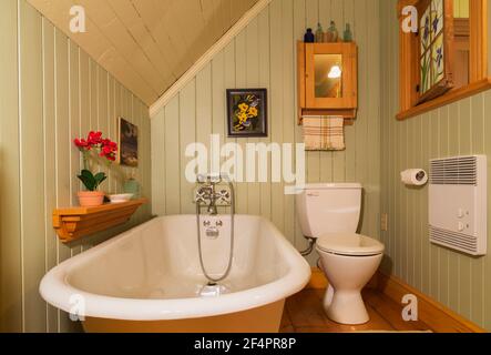 Freistehende rollstuhlgerechte Badewanne mit Füßen in grün und beige lackiertem Holz, Badezimmer mit östlichen Hemlockböden, geöffnetem Buntglasfenster Stockfoto