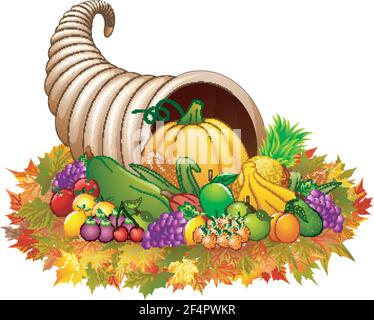Horn von reichlich Füllhorn mit Gemüse und Obst Stock Vektor