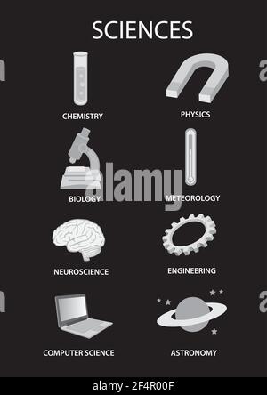 Ikonische Symbole, um verschiedene Zweige der Wissenschaft Themen zu repräsentieren. Satz von Vektorgrafiken auf schwarzem Hintergrund isoliert. Stock Vektor
