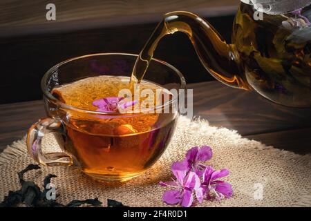 Gießt Kräutertee aus Feuerkraut in eine transparente Tasse. Stockfoto