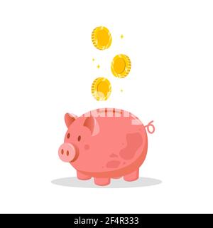 Sparschwein mit fallenden Münzen. Sparkonzept. Investitionen in die Zukunft. Finanzsymbol. Banken- oder Geschäftsdienstleistungen. Vektorgrafik in flacher Form Stock Vektor
