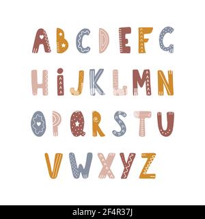 Handgezeichnetes Alphabet im Boho-Stil. Niedliche Briefe für Banner, Kinderzimmer-Design, Postkarten. Clipart in weißem Hintergrund isoliert. Vektordarstellung in Stock Vektor