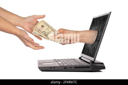 Geld verdienen online, Hand geben Dollar, isoliert auf weiß Stockfoto