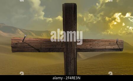 Holzkreuz Ende zwei Nägel Stockfoto