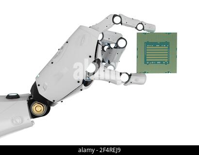 3D Rendering Roboterarm mit Chipsatz für die Halbleiterfertigung Stockfoto