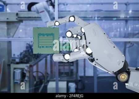 3D Rendering Roboterarm mit Chipsatz für die Halbleiterfertigung Stockfoto