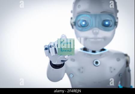 3D Renderroboter mit Chipsatz für die Halbleiterfertigung Stockfoto
