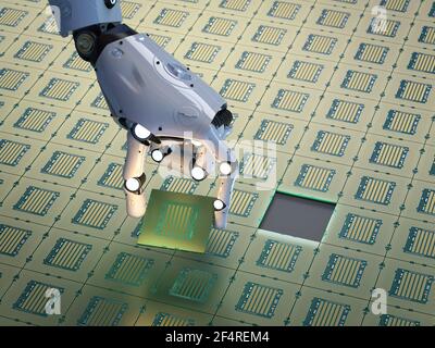 3D Rendering Roboterarm mit Chipsatz für die Halbleiterfertigung Stockfoto