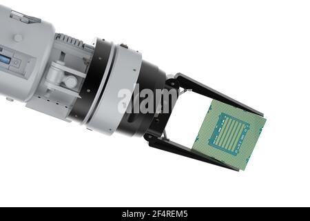 3D Rendering Roboterarm mit Chipsatz für die Halbleiterfertigung Stockfoto