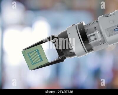 3D Rendering Roboterarm mit Chipsatz für die Halbleiterfertigung Stockfoto