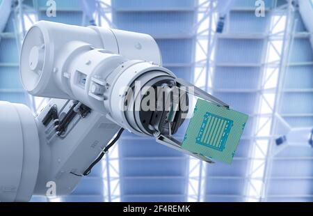 3D Rendering Roboterarm mit Chipsatz für die Halbleiterfertigung Stockfoto