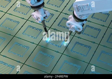 3D Rendering Roboterarme mit Chipsatz für die Halbleiterfertigung Stockfoto